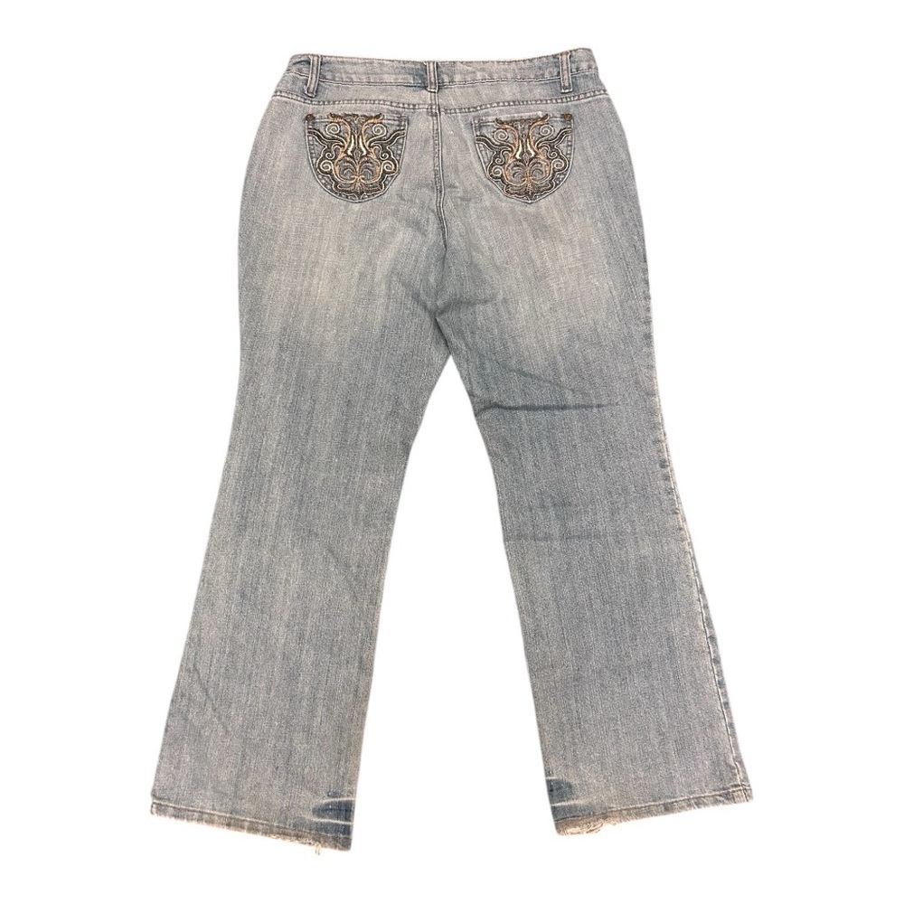 Vintage Y2K 90 Jeans Mid Rise Medium Wash Embroidered Pockets Bootcut Flare